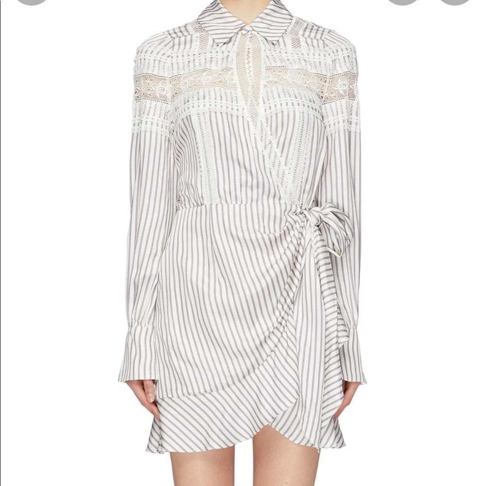 NEW NWT Self-Portrait Blue Grey Striped Coquette Lace L/S Mini Wrap‎ Dress - 6
